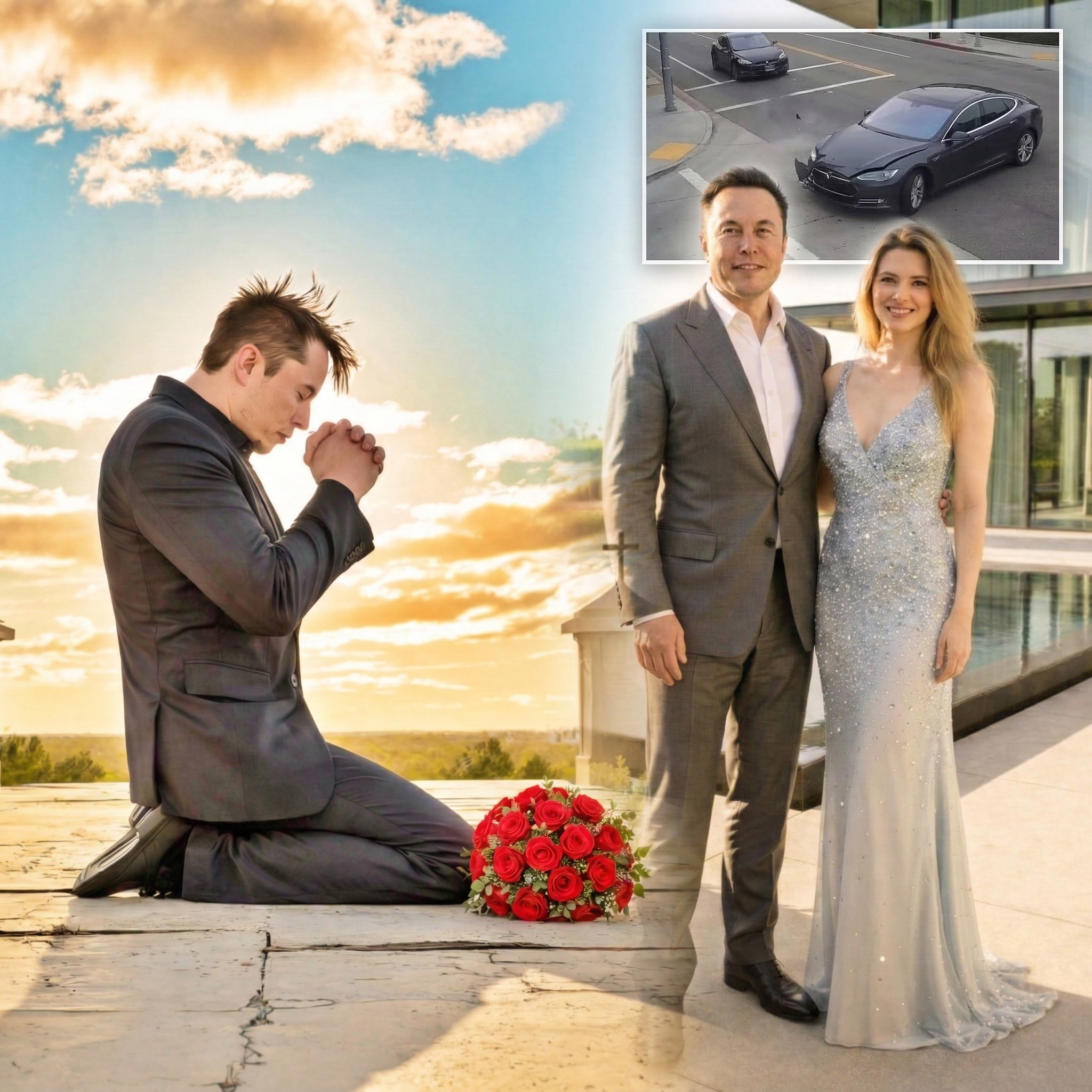 P1.Images of Elon Musk kneeling low, hands clasped as if in prayer, have ignited a storm of speculation across social media..P1